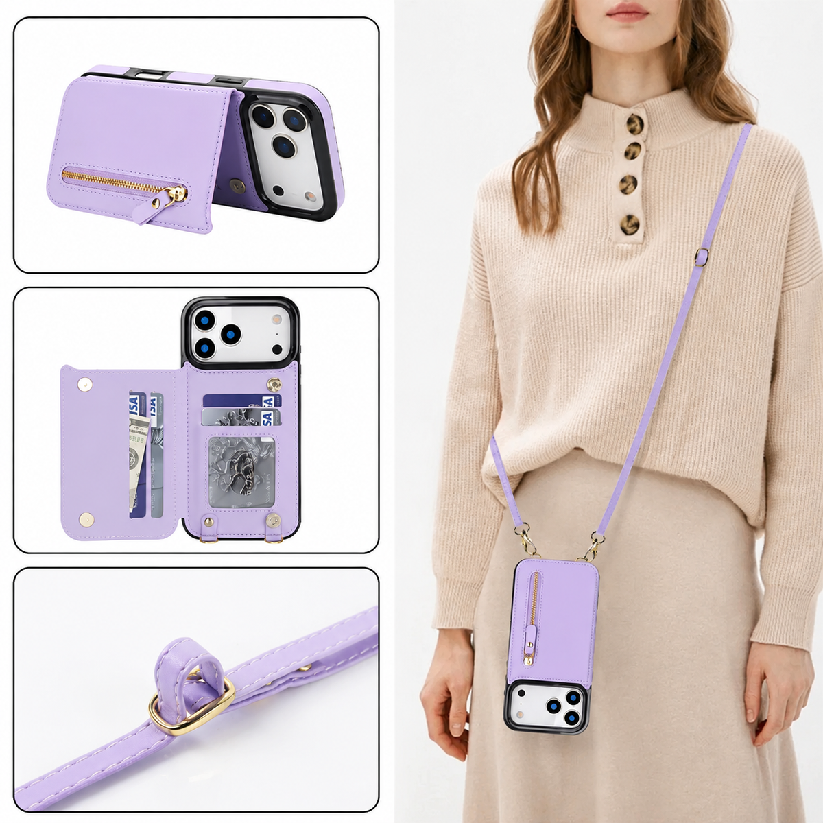 Premium iPhone Case Crossbody Leather Wallet RFID Card Holder Zipper Lanyard Strap Shockproof Anti Fingerprint Protective Cover Full Access Slim Carry