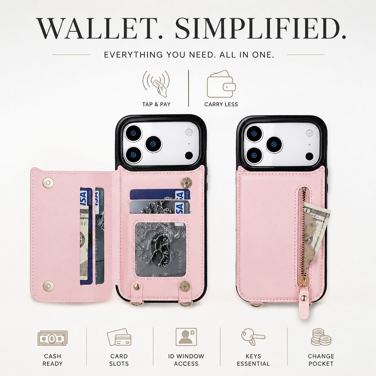 Premium iPhone Case Crossbody Leather Wallet RFID Card Holder Zipper Lanyard Strap Shockproof Anti Fingerprint Protective Cover Full Access Slim Carry