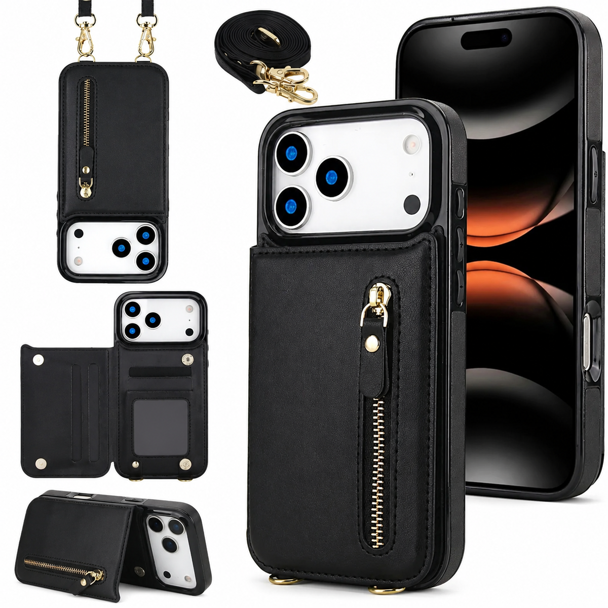 Premium iPhone Case Crossbody Leather Wallet RFID Card Holder Zipper Lanyard Strap Shockproof Anti Fingerprint Protective Cover Full Access Slim Carry