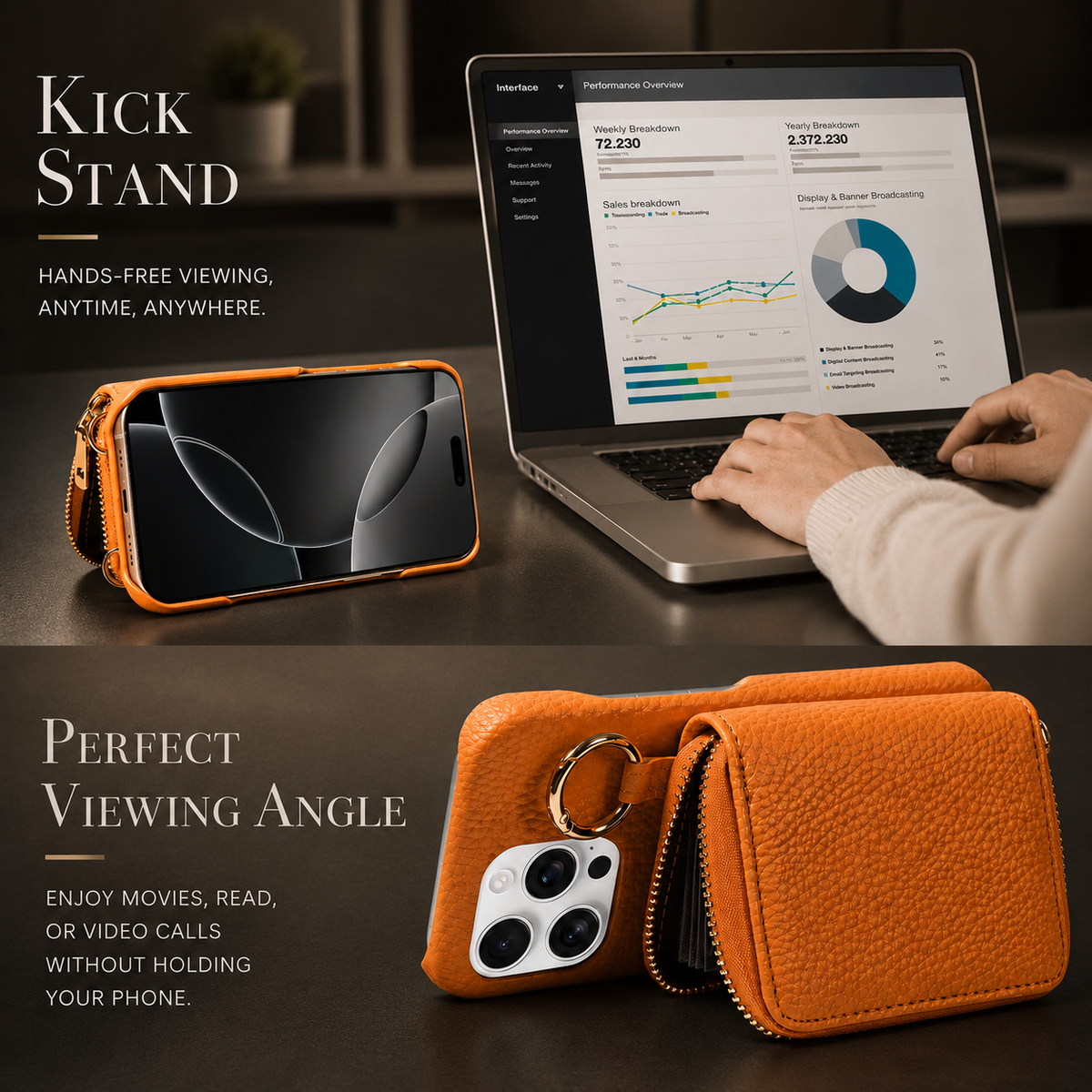 Premium iPhone Case Crossbody Wallet Card Holder Ring Stand Faux Leather Shockproof Protective Cover Full Coverage Adjustable Lanyard Slim Design Grip