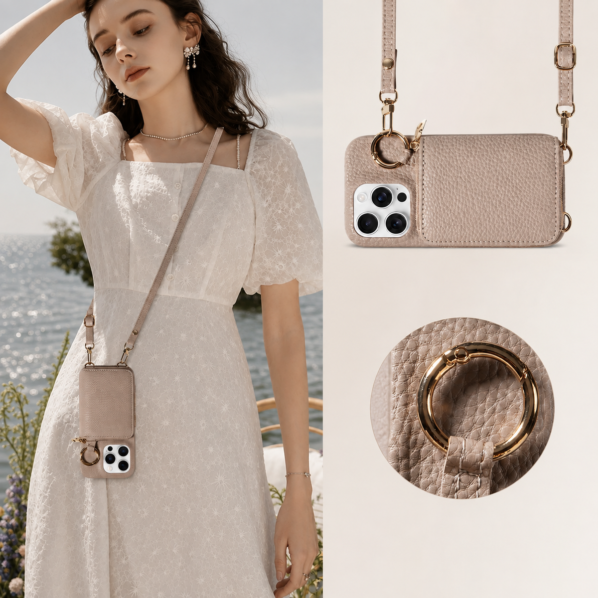 Premium iPhone Case Crossbody Wallet Card Holder Ring Stand Faux Leather Shockproof Protective Cover Full Coverage Adjustable Lanyard Slim Design Grip