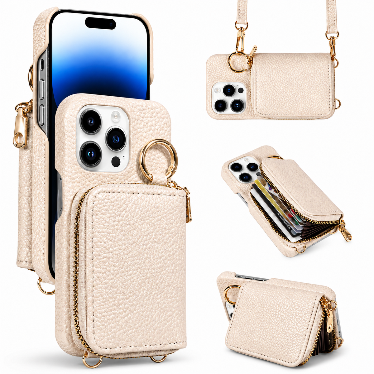Premium iPhone Case Crossbody Wallet Card Holder Ring Stand Faux Leather Shockproof Protective Cover Full Coverage Adjustable Lanyard Slim Design Grip