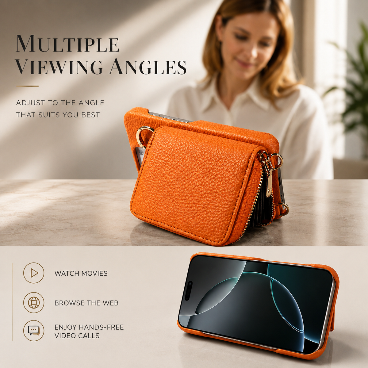 Premium iPhone Case Crossbody Wallet Card Holder Ring Stand Faux Leather Shockproof Protective Cover Full Coverage Adjustable Lanyard Slim Design Grip