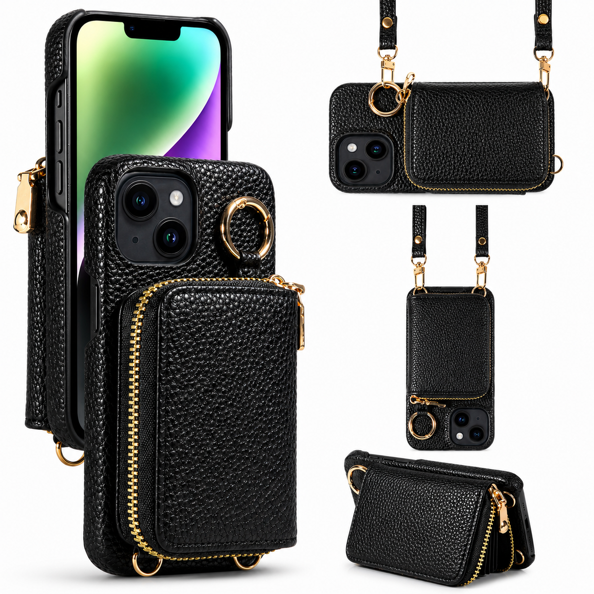 Premium iPhone Case Crossbody Wallet Card Holder Ring Stand Faux Leather Shockproof Protective Cover Full Coverage Adjustable Lanyard Slim Design Grip