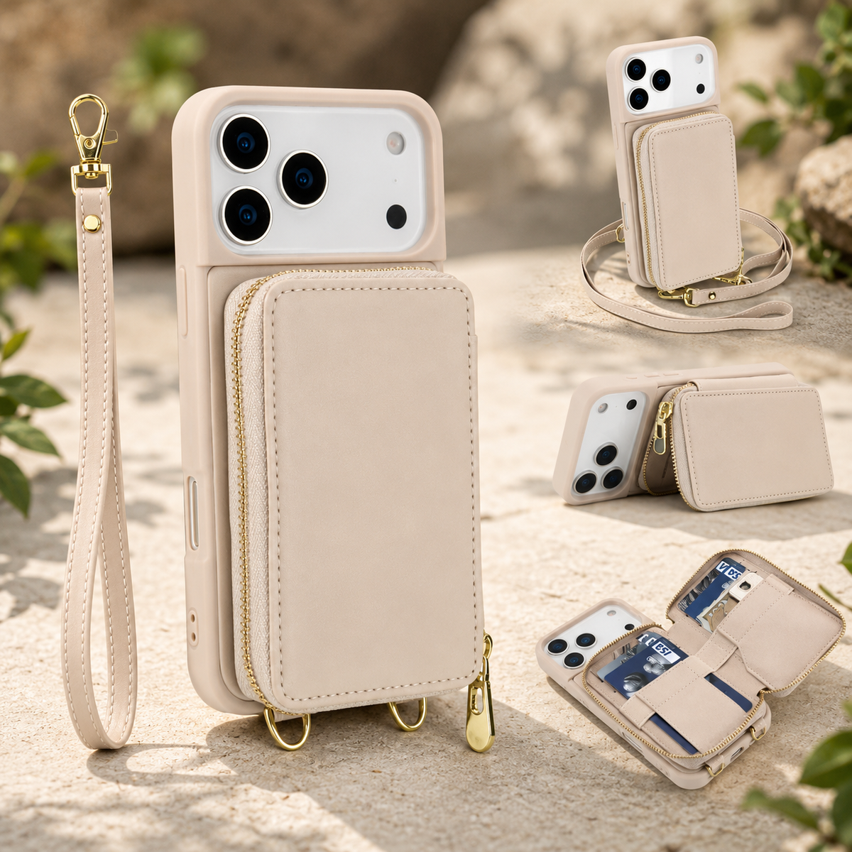 Premium iPhone Case Crossbody Wallet Flip Leather Cover Zipper Card Holder RFID Blocking Shoulder Strap Shockproof Full Coverage Protective Case