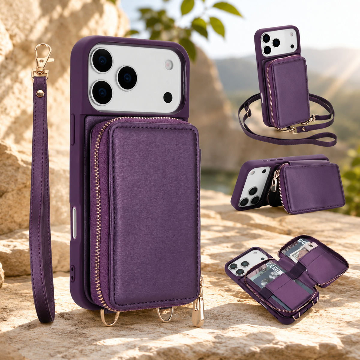 Premium iPhone Case Crossbody Wallet Flip Leather Cover Zipper Card Holder RFID Blocking Shoulder Strap Shockproof Full Coverage Protective Case