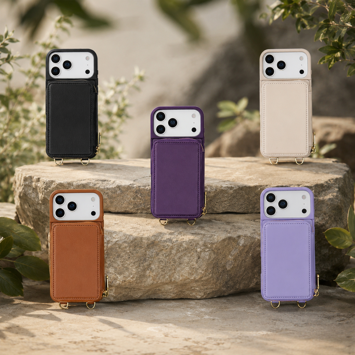 Premium iPhone Case Crossbody Wallet Flip Leather Cover Zipper Card Holder RFID Blocking Shoulder Strap Shockproof Full Coverage Protective Case