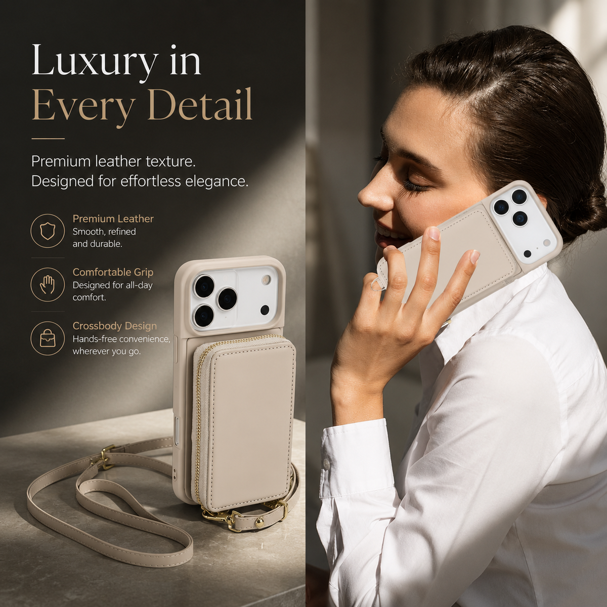 Premium iPhone Case Crossbody Wallet Flip Leather Cover Zipper Card Holder RFID Blocking Shoulder Strap Shockproof Full Coverage Protective Case