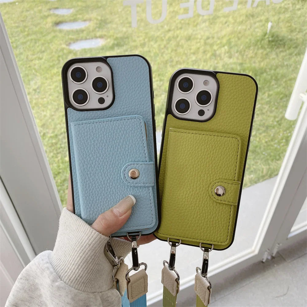 Premium iPhone Case Crossbody Wallet Purse Card Slot Coin Pocket RFID Protection Leather Strap MagSafe Compatible Shockproof Full Body Slim Design Use