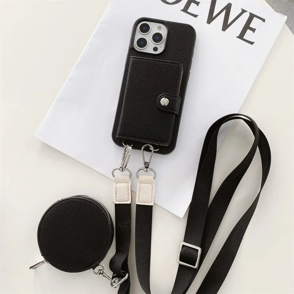 Premium iPhone Case Crossbody Wallet Purse Card Slot Coin Pocket RFID Protection Leather Strap MagSafe Compatible Shockproof Full Body Slim Design Use