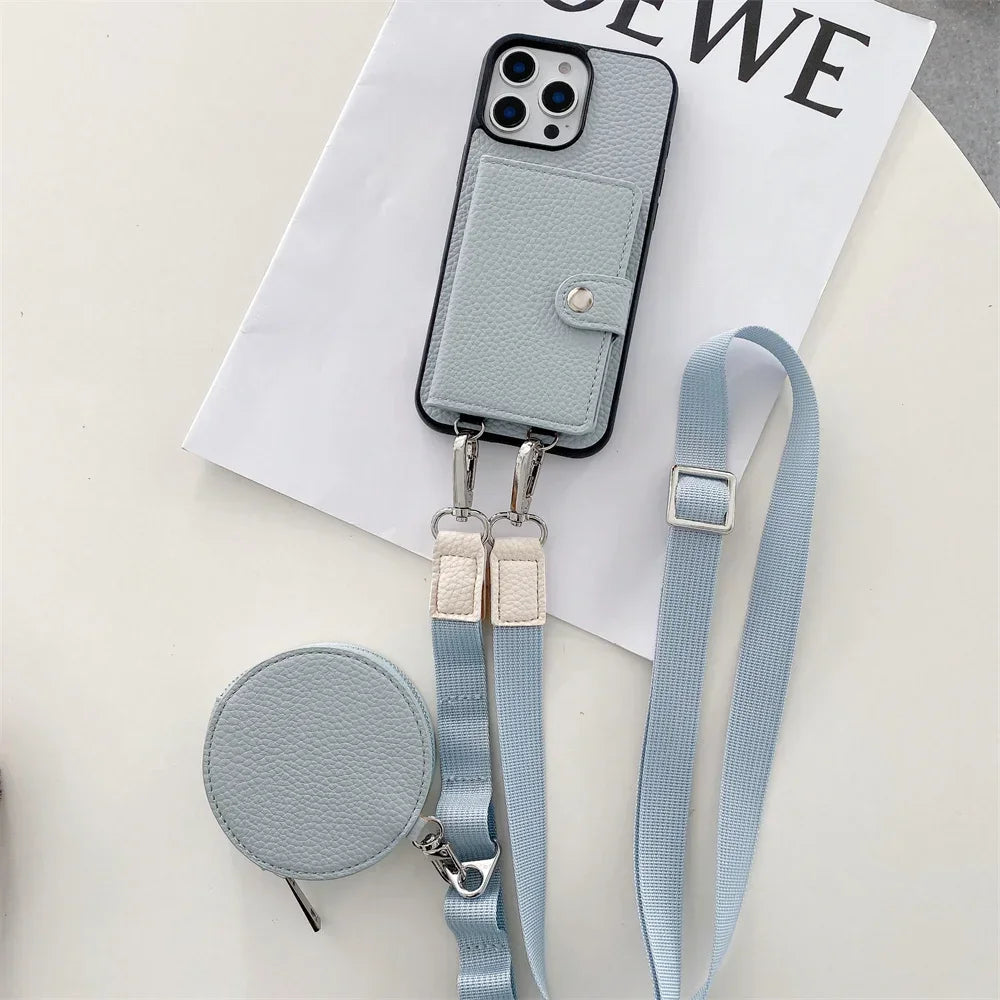 Premium iPhone Case Crossbody Wallet Purse Card Slot Coin Pocket RFID Protection Leather Strap MagSafe Compatible Shockproof Full Body Slim Design Use