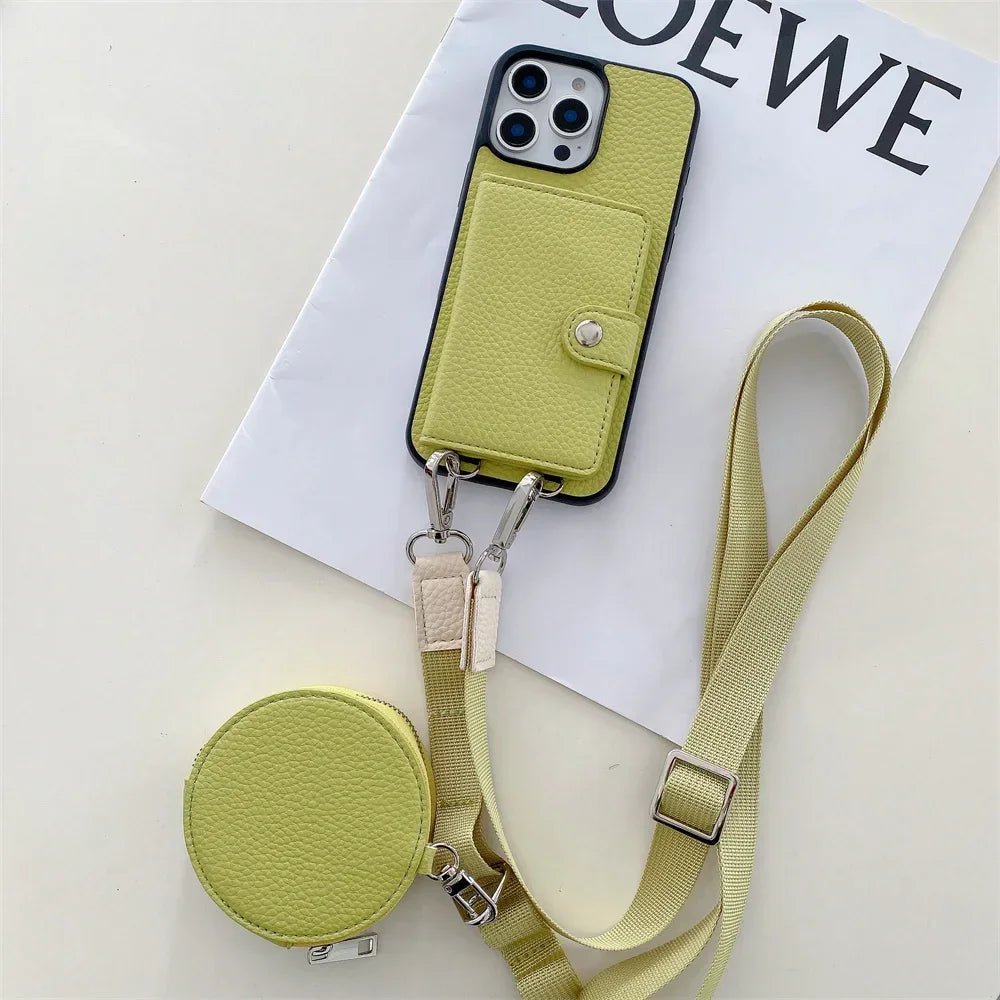 Premium iPhone Case Crossbody Wallet Purse Card Slot Coin Pocket RFID Protection Leather Strap MagSafe Compatible Shockproof Full Body Slim Design Use