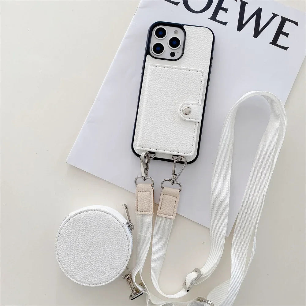 Premium iPhone Case Crossbody Wallet Purse Card Slot Coin Pocket RFID Protection Leather Strap MagSafe Compatible Shockproof Full Body Slim Design Use