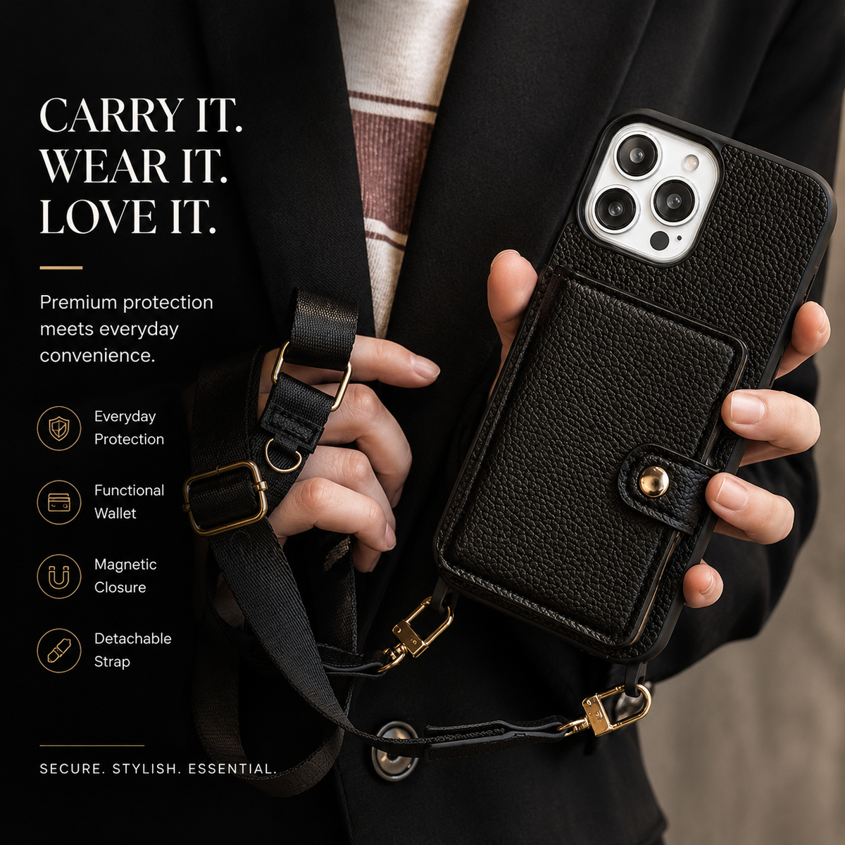Premium iPhone Case Crossbody Wallet Purse Card Slot Coin Pocket RFID Protection Leather Strap MagSafe Compatible Shockproof Full Body Slim Design Use