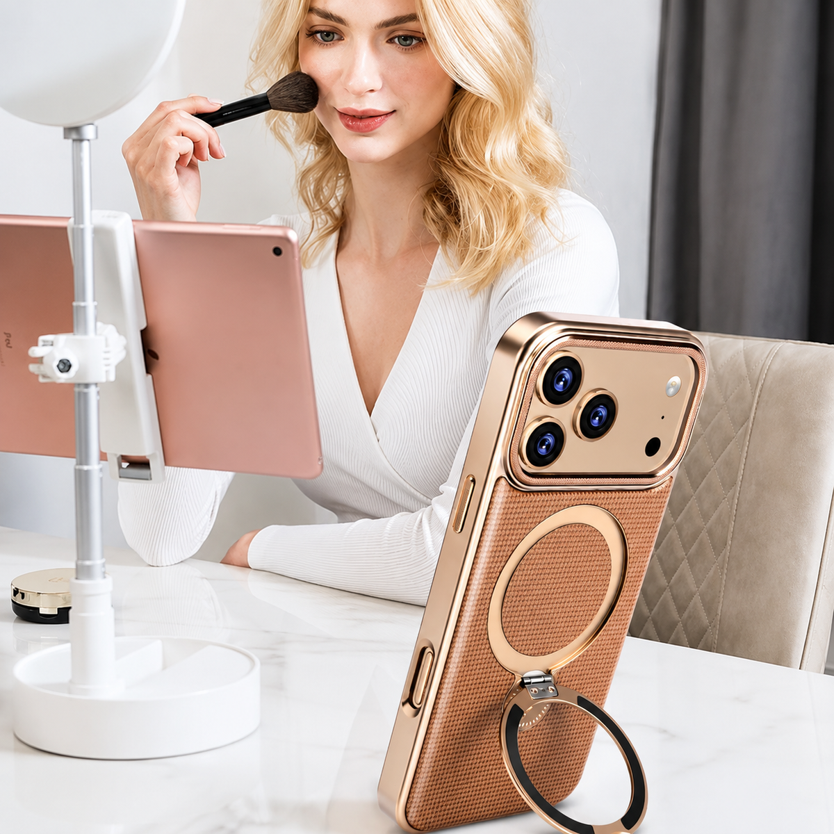 Premium iPhone Case Diamond Pattern Leather MagSafe Cover Rotating Bracket Holder Full Coverage Shockproof Anti Fingerprint Grip Protective Design Case