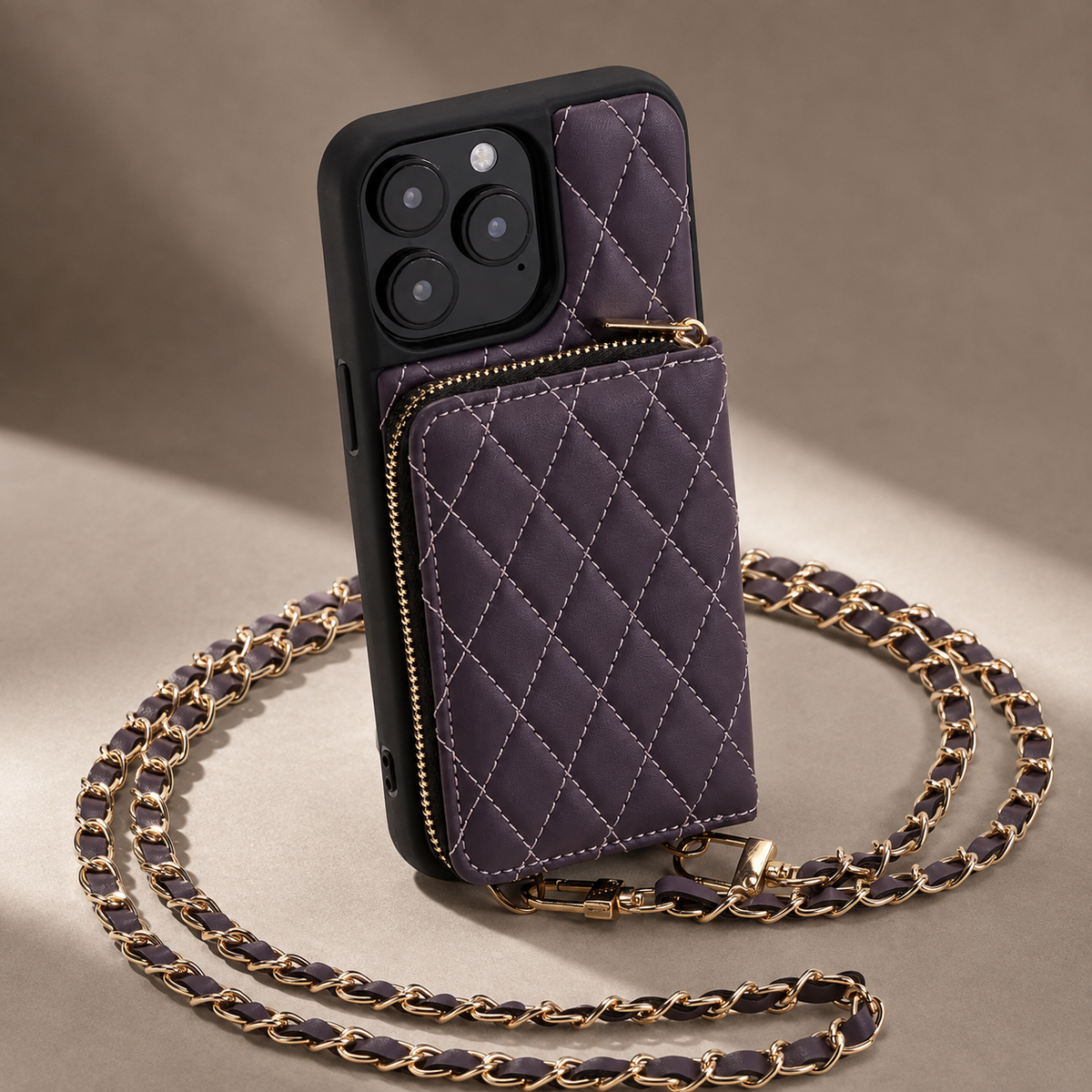 Premium iPhone Case Diamond Stitch Crossbody Wallet Card Holder Chain Strap Shockproof Leather Non Slip Portable Protective Phone Bag Clean Design Use