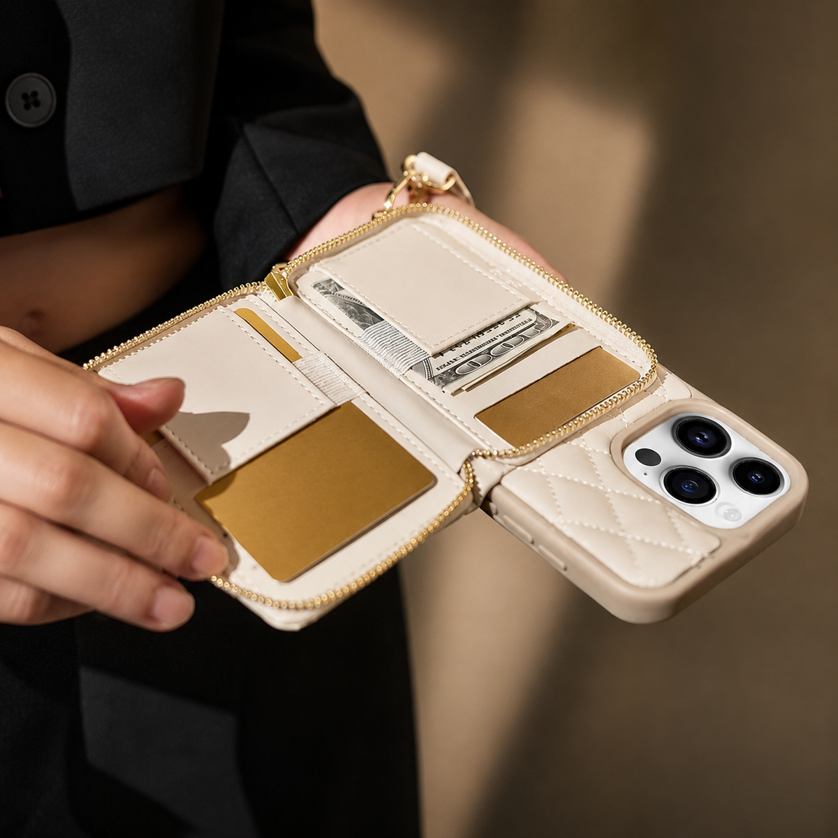 Premium iPhone Case Diamond Stitch Crossbody Wallet Card Holder Chain Strap Shockproof Leather Non Slip Portable Protective Phone Bag Clean Design Use
