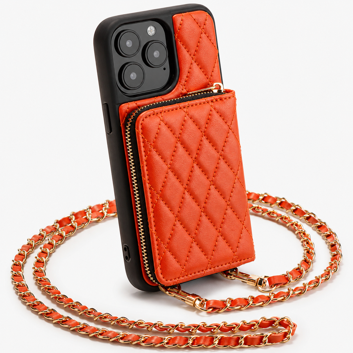 Premium iPhone Case Diamond Stitch Crossbody Wallet Card Holder Chain Strap Shockproof Leather Non Slip Portable Protective Phone Bag Clean Design Use