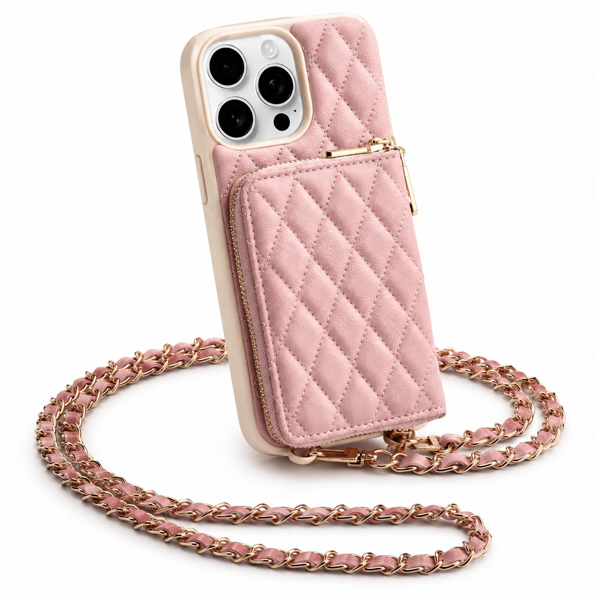 Premium iPhone Case Diamond Stitch Crossbody Wallet Card Holder Chain Strap Shockproof Leather Non Slip Portable Protective Phone Bag Clean Design Use