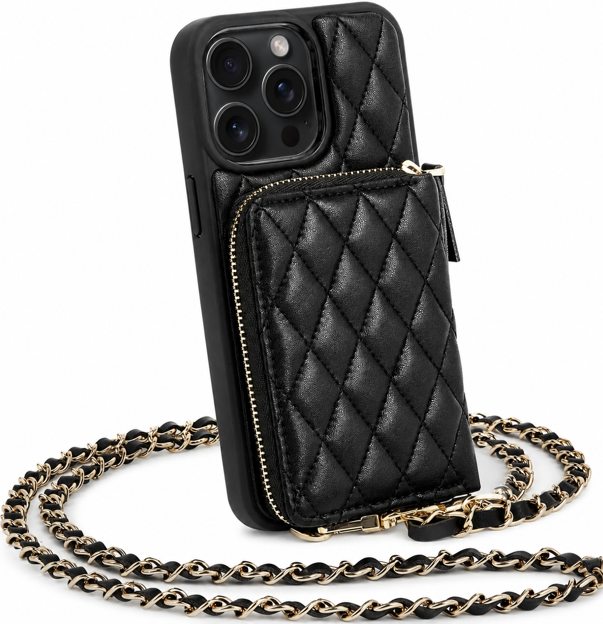 Premium iPhone Case Diamond Stitch Crossbody Wallet Card Holder Chain Strap Shockproof Leather Non Slip Portable Protective Phone Bag Clean Design Use