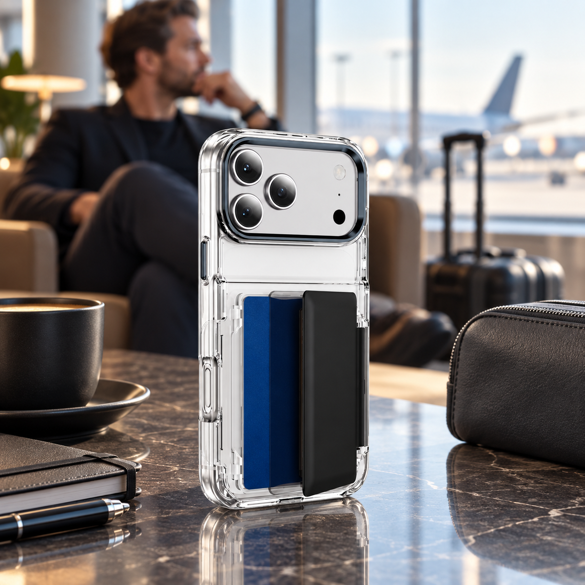 Premium iPhone Case Dual Card Slot Transparent Holder Wallet Shockproof Hard Cover Slim Anti Drop Scratch Resistant Durable Protective Phone Cover Shell Case