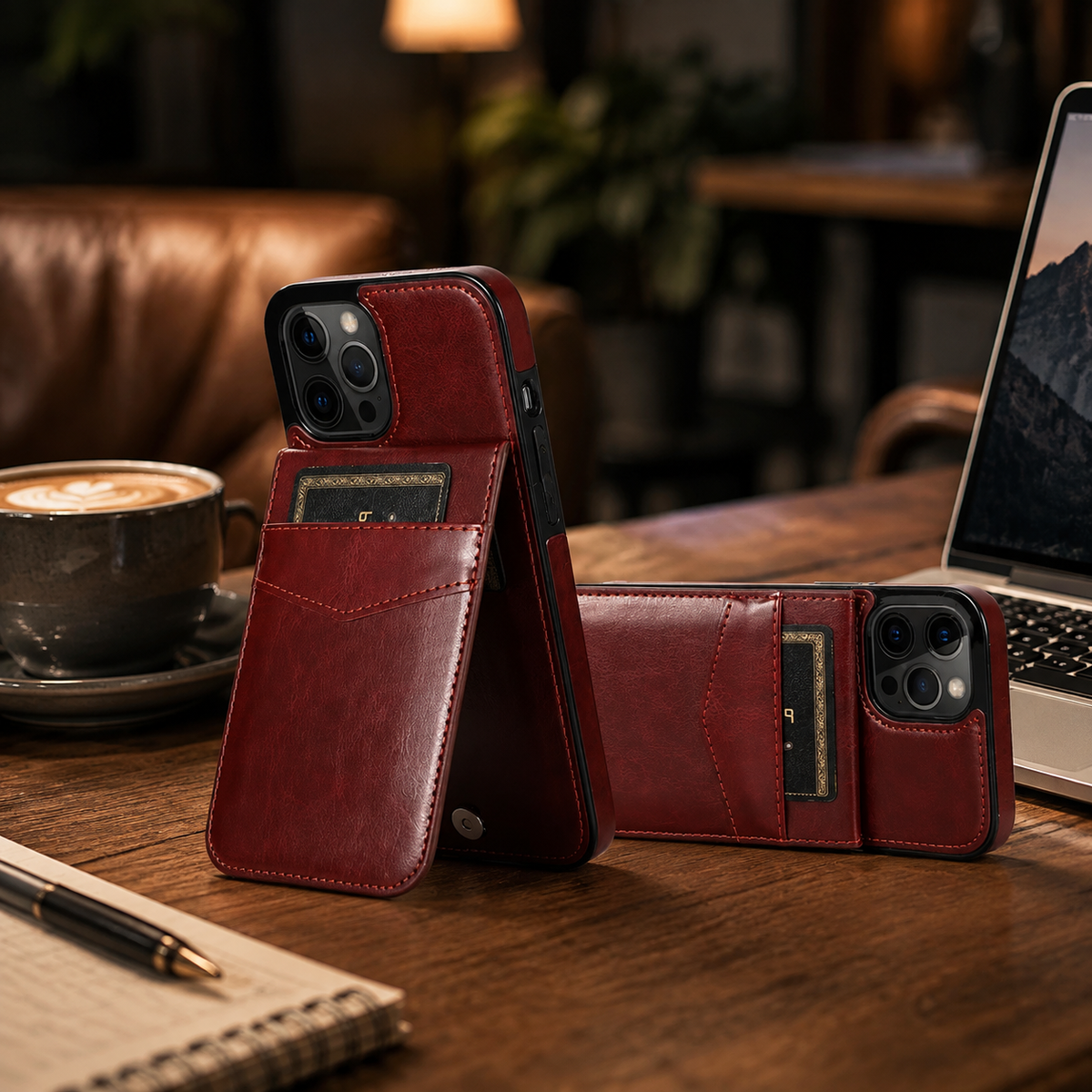 Premium iPhone Case Flip Wallet Card Holder Leather Cover Stand Shockproof Anti Fingerprint Protective Full Coverage Magnetic Retro Slim Design