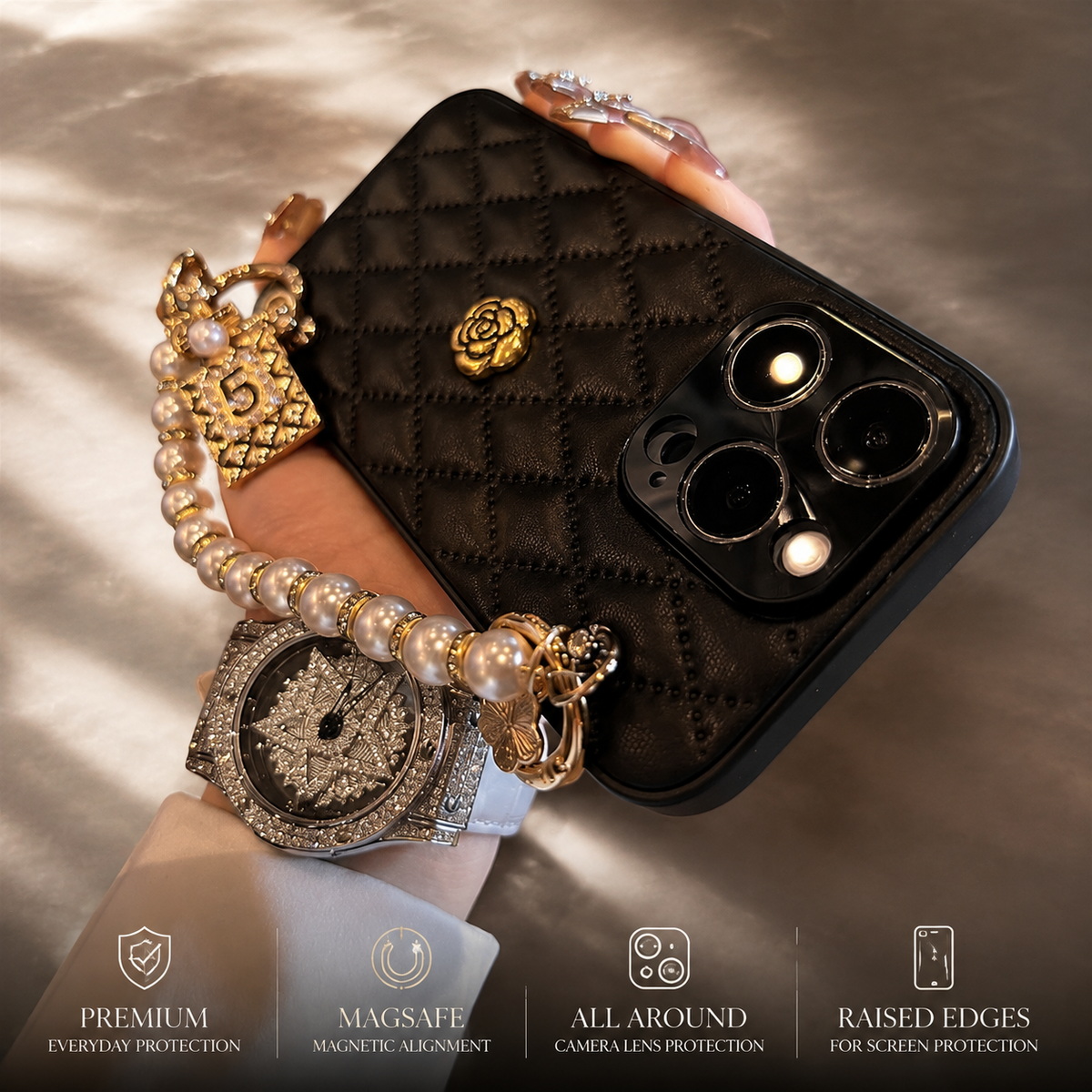 Premium iPhone Case Floral 3D Camellia Design Protective Cover Shockproof Chain Strap Elegant Slim Lightweight Anti Scratch Full Coverage Modern Style