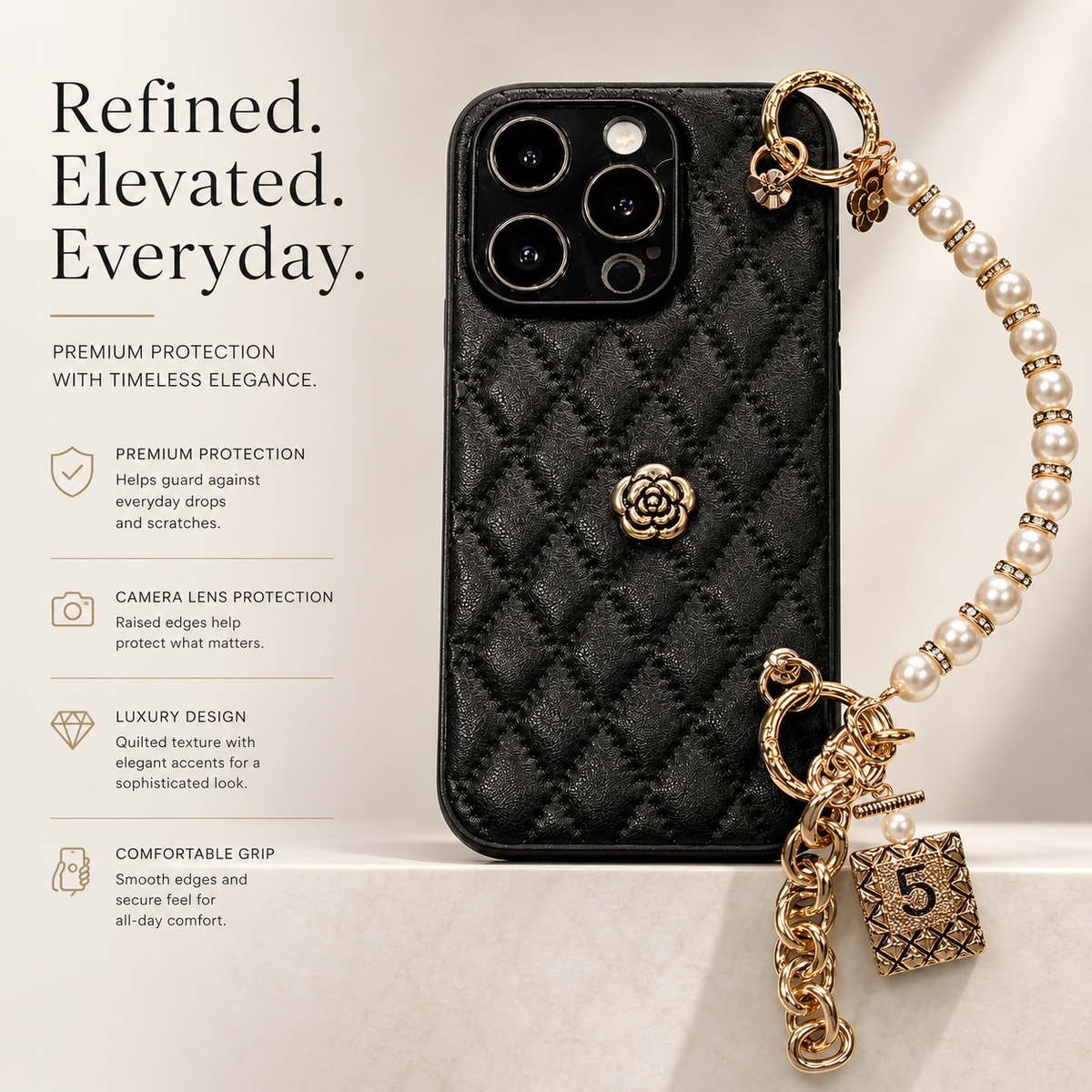 Premium iPhone Case Floral 3D Camellia Design Protective Cover Shockproof Chain Strap Elegant Slim Lightweight Anti Scratch Full Coverage Modern Style