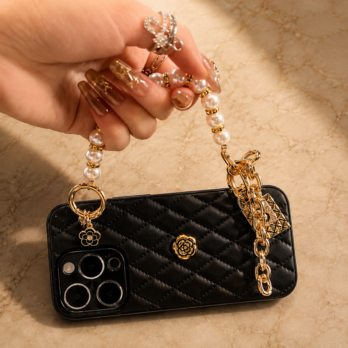 Premium iPhone Case Floral 3D Camellia Design Protective Cover Shockproof Chain Strap Elegant Slim Lightweight Anti Scratch Full Coverage Modern Style