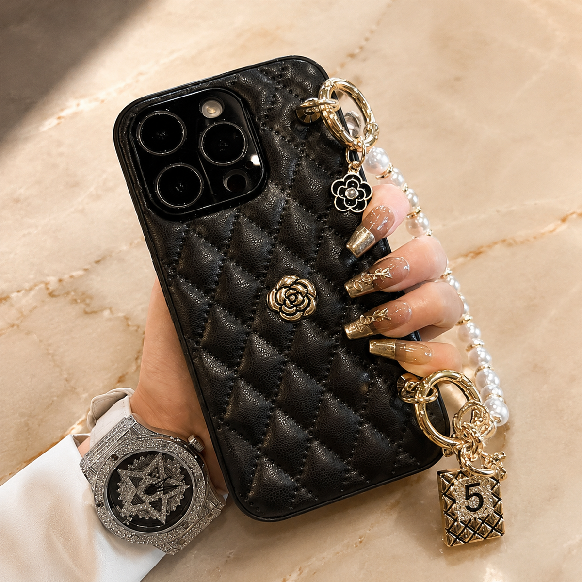 Premium iPhone Case Floral 3D Camellia Design Protective Cover Shockproof Chain Strap Elegant Slim Lightweight Anti Scratch Full Coverage Modern Style