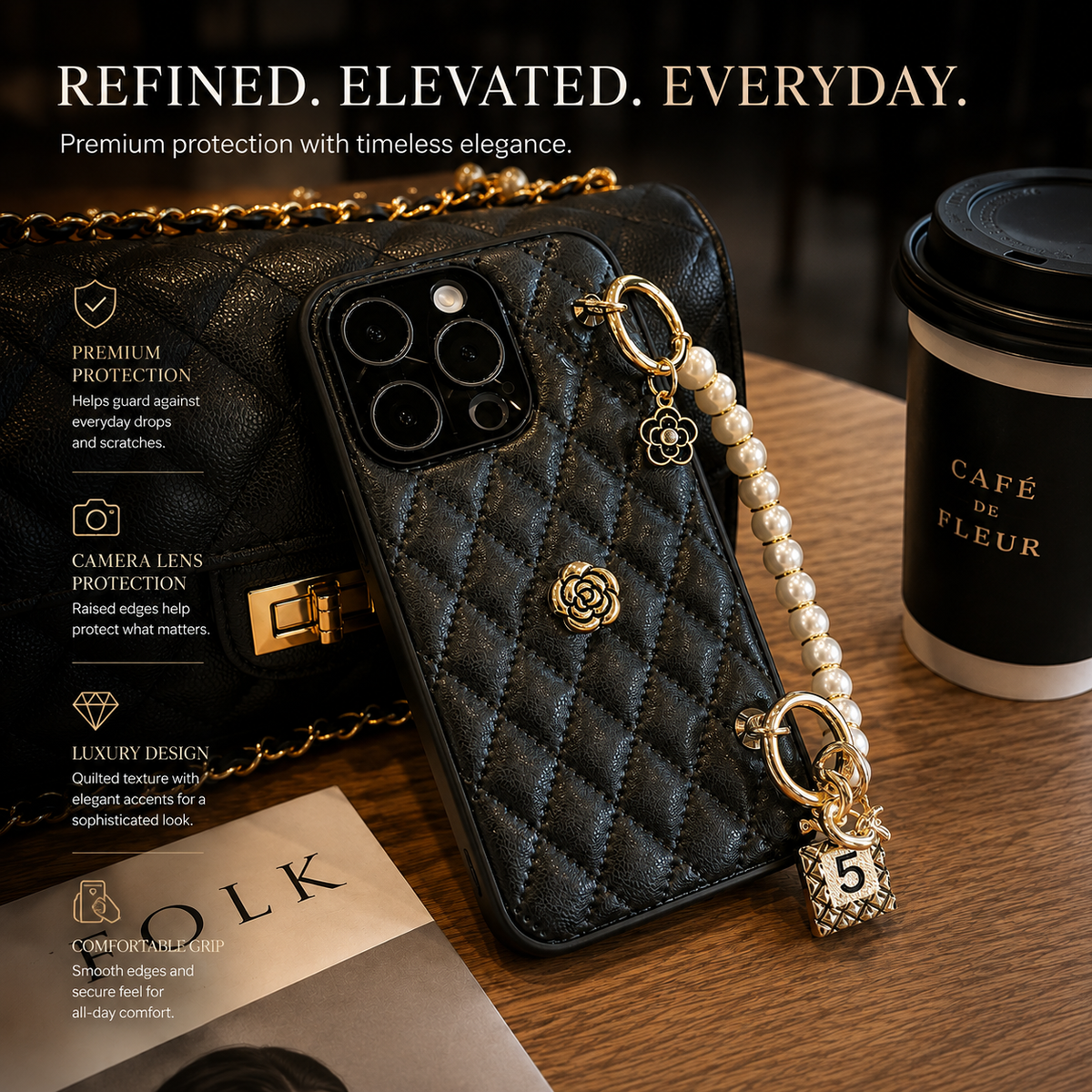 Premium iPhone Case Floral 3D Camellia Design Protective Cover Shockproof Chain Strap Elegant Slim Lightweight Anti Scratch Full Coverage Modern Style