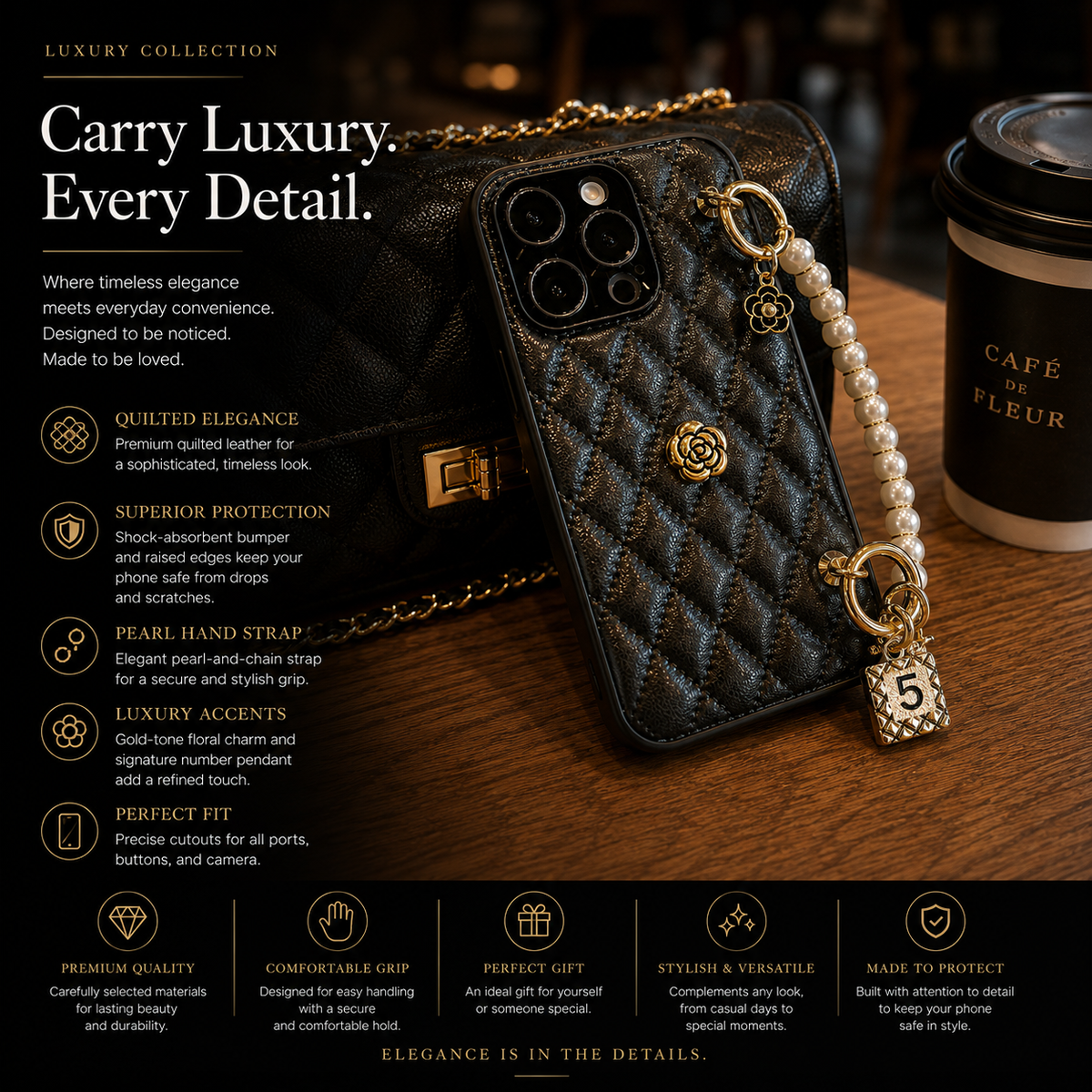 Premium iPhone Case Floral 3D Camellia Design Protective Cover Shockproof Chain Strap Elegant Slim Lightweight Anti Scratch Full Coverage Modern Style