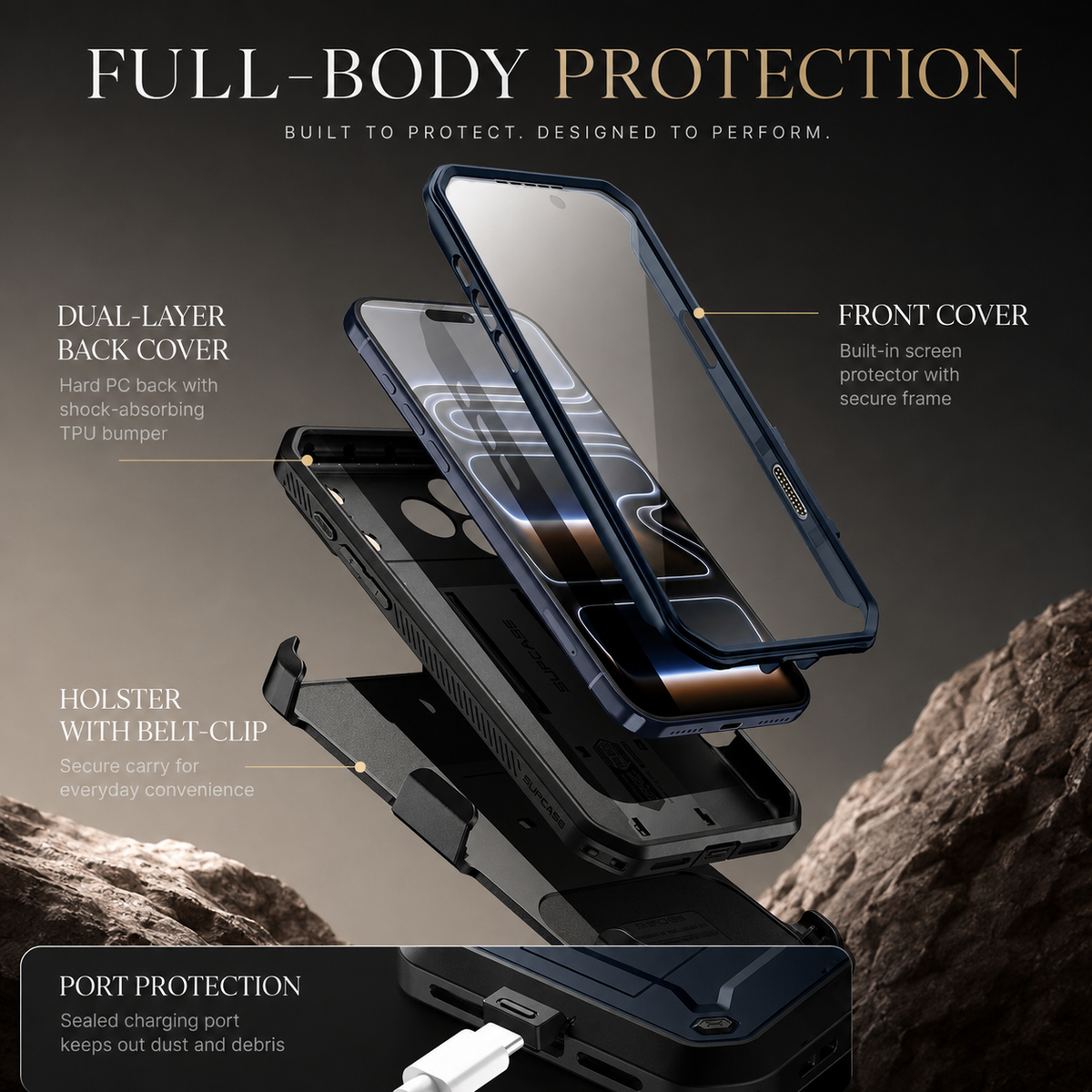 Premium iPhone Case Full Body Shockproof Armor Built In Screen Protector Heavy Duty PC TPU Rugged Protective Cover Reinforced Drop Protection Bumper