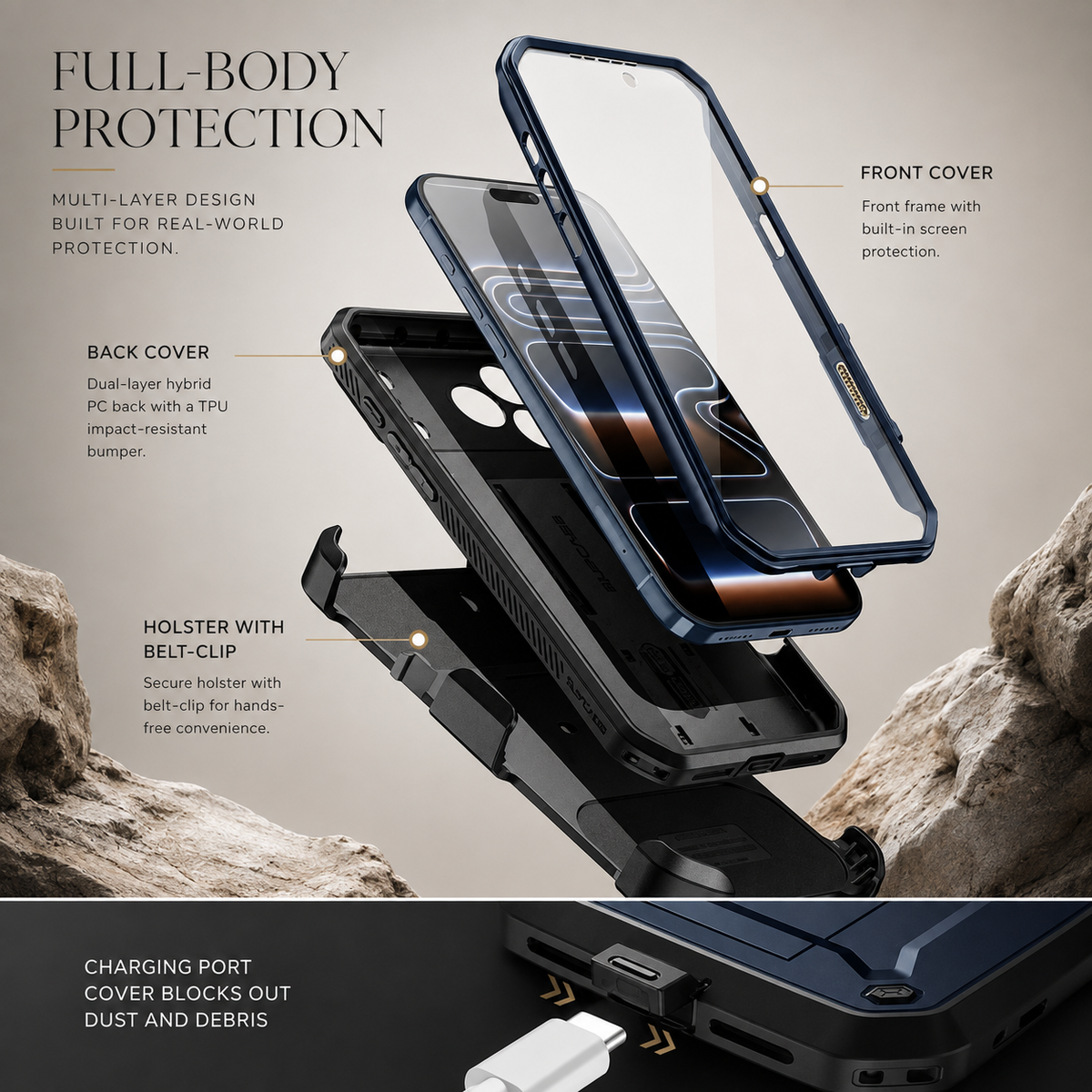 Premium iPhone Case Full Body Shockproof Armor Built In Screen Protector Heavy Duty PC TPU Rugged Protective Cover Reinforced Drop Protection Bumper