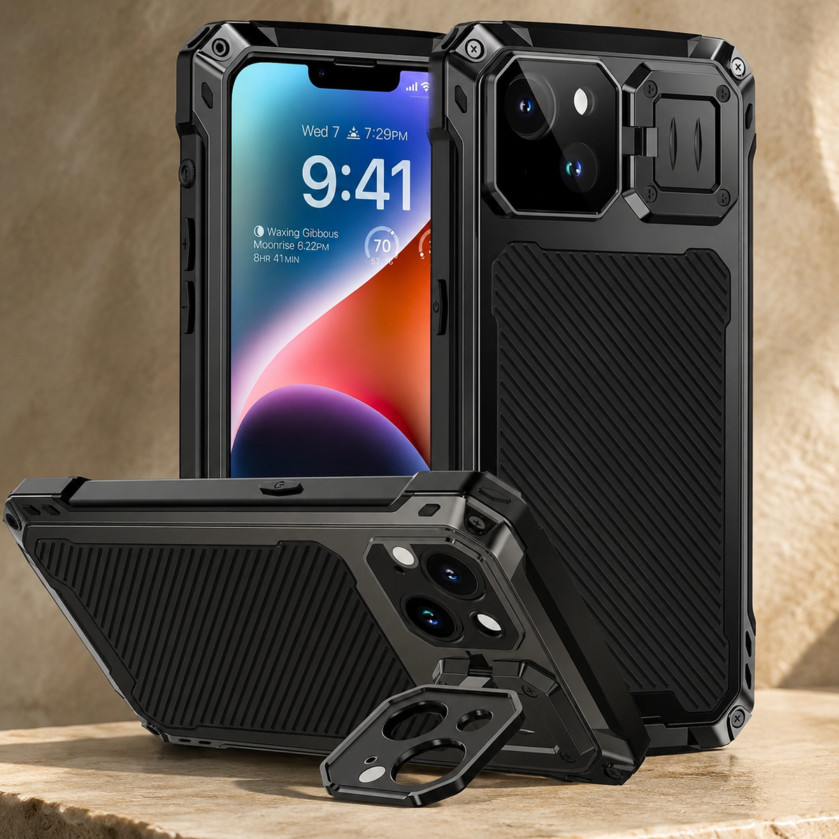 Premium iPhone Case Full Body Shockproof Screen Protector Sliding Camera Cover Kickstand Heavy Duty Anti Slip Scratch Resistant Protective Cover Design