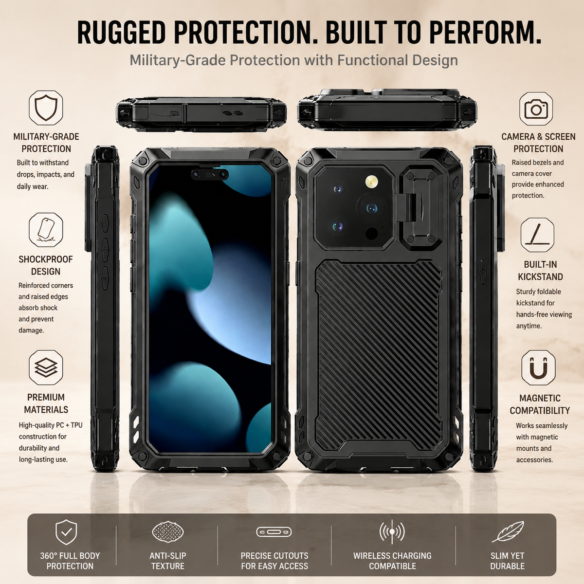 Premium iPhone Case Full Body Shockproof Screen Protector Sliding Camera Cover Kickstand Heavy Duty Anti Slip Scratch Resistant Protective Cover Design