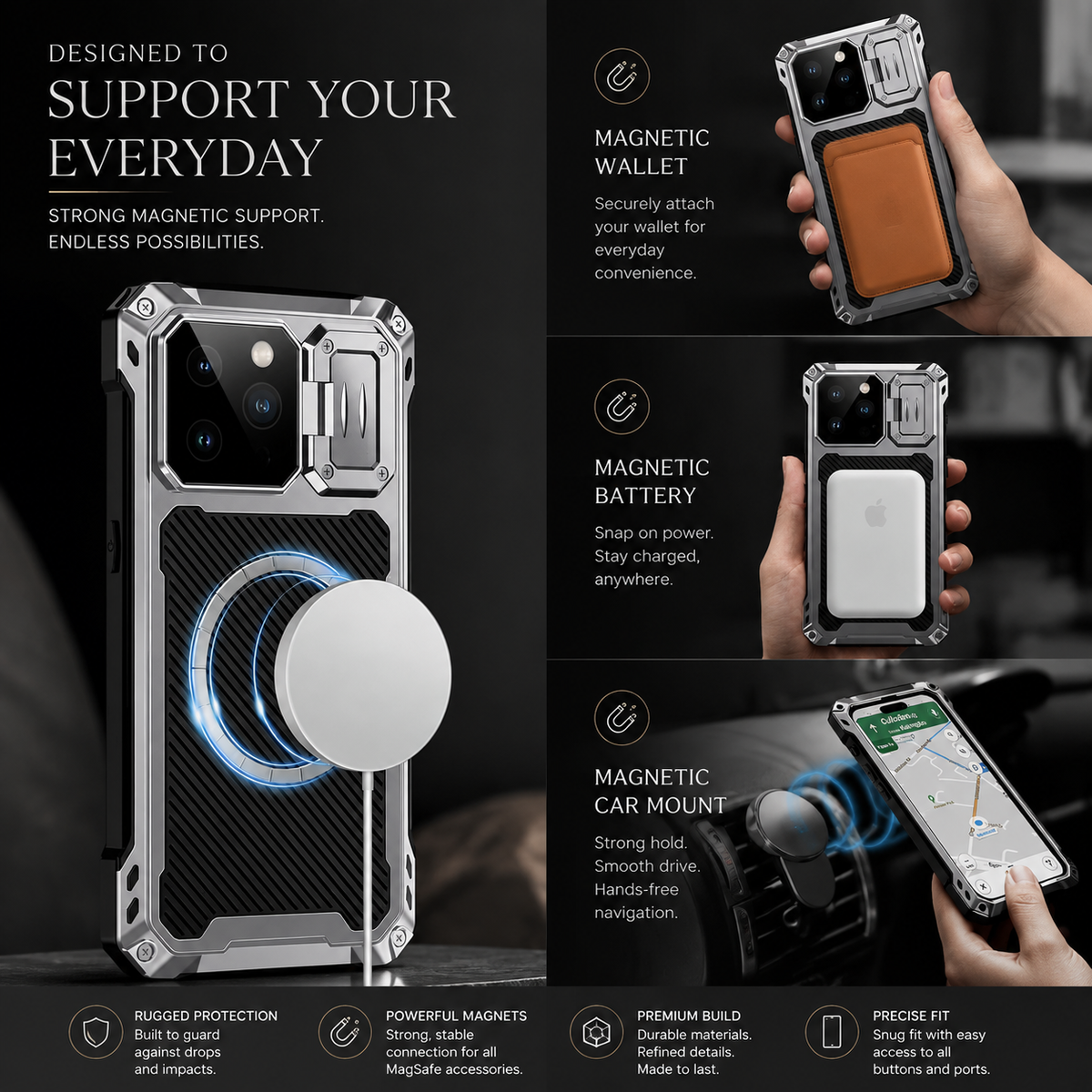 Premium iPhone Case Full Body Shockproof Screen Protector Sliding Camera Cover Kickstand Heavy Duty Anti Slip Scratch Resistant Protective Cover Design