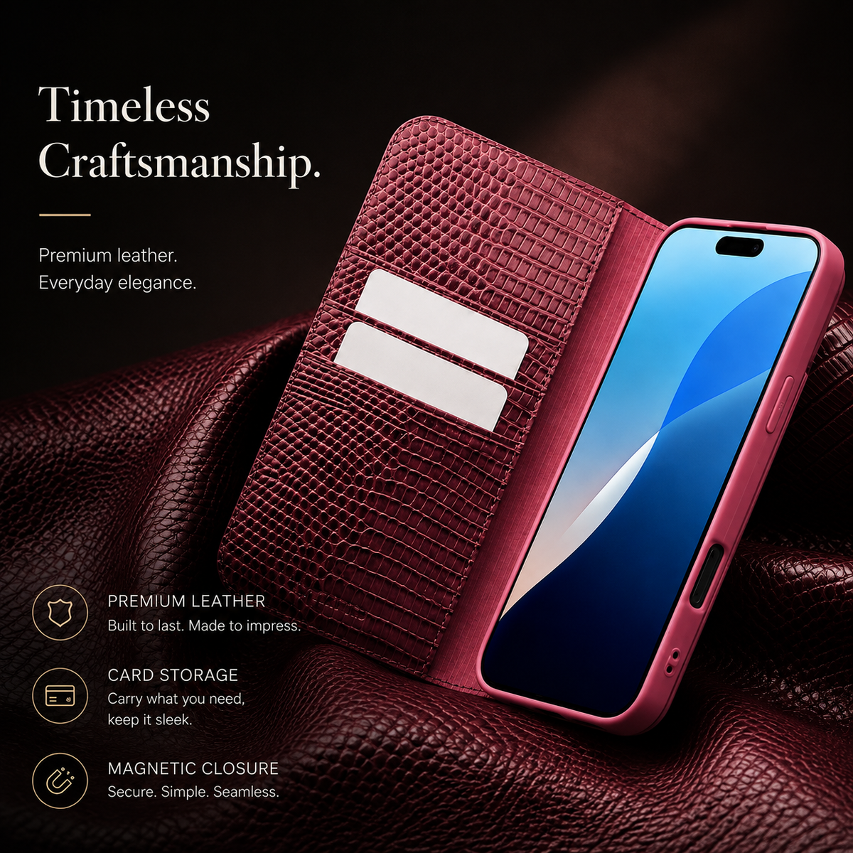 Premium iPhone Case Genuine Cowhide Leather Crocodile Grain Wallet Flip Cover Card Holder Magnetic Closure Kickstand Shockproof Full Body Protection!