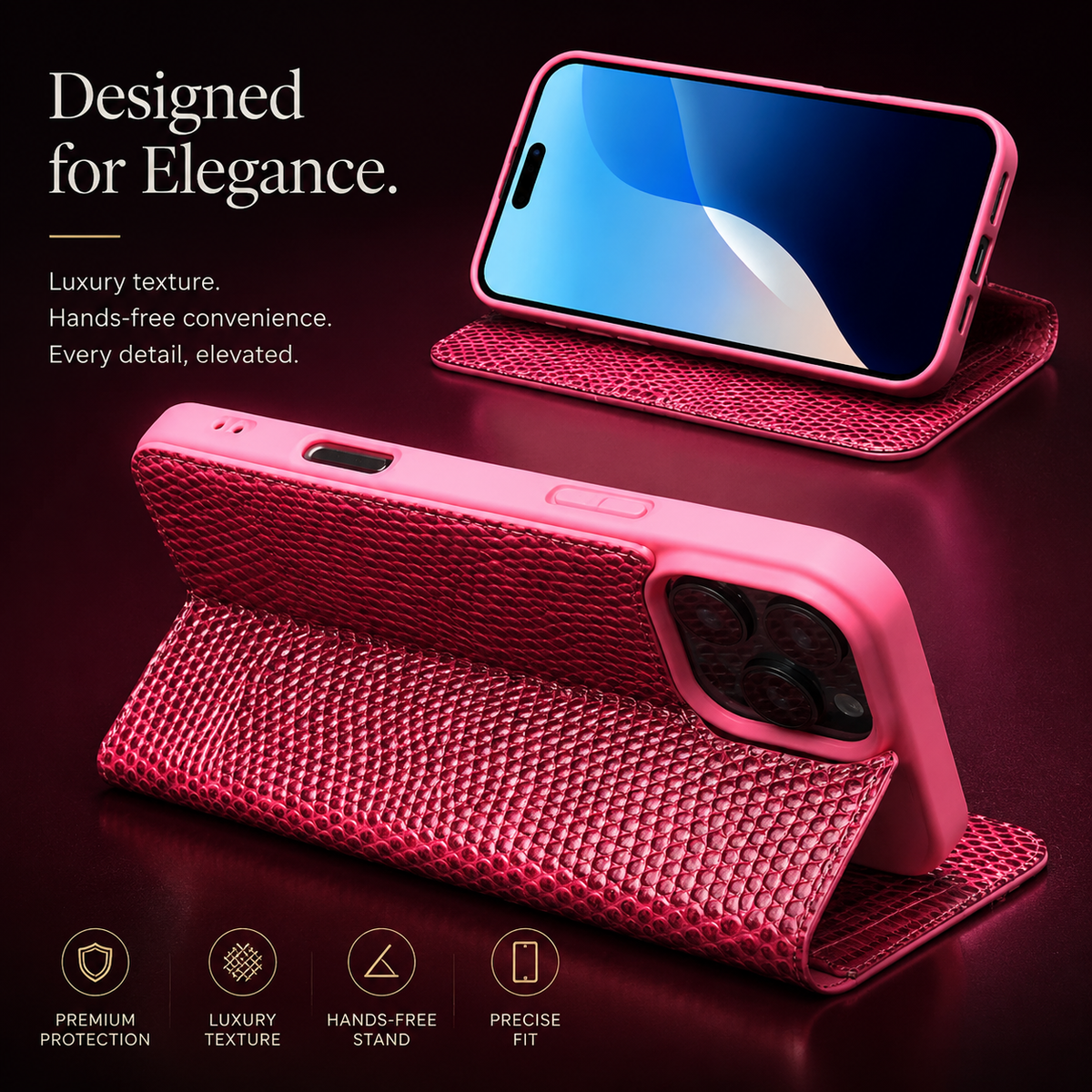 Premium iPhone Case Genuine Cowhide Leather Crocodile Grain Wallet Flip Cover Card Holder Magnetic Closure Shockproof Full Body Stand Slim Design