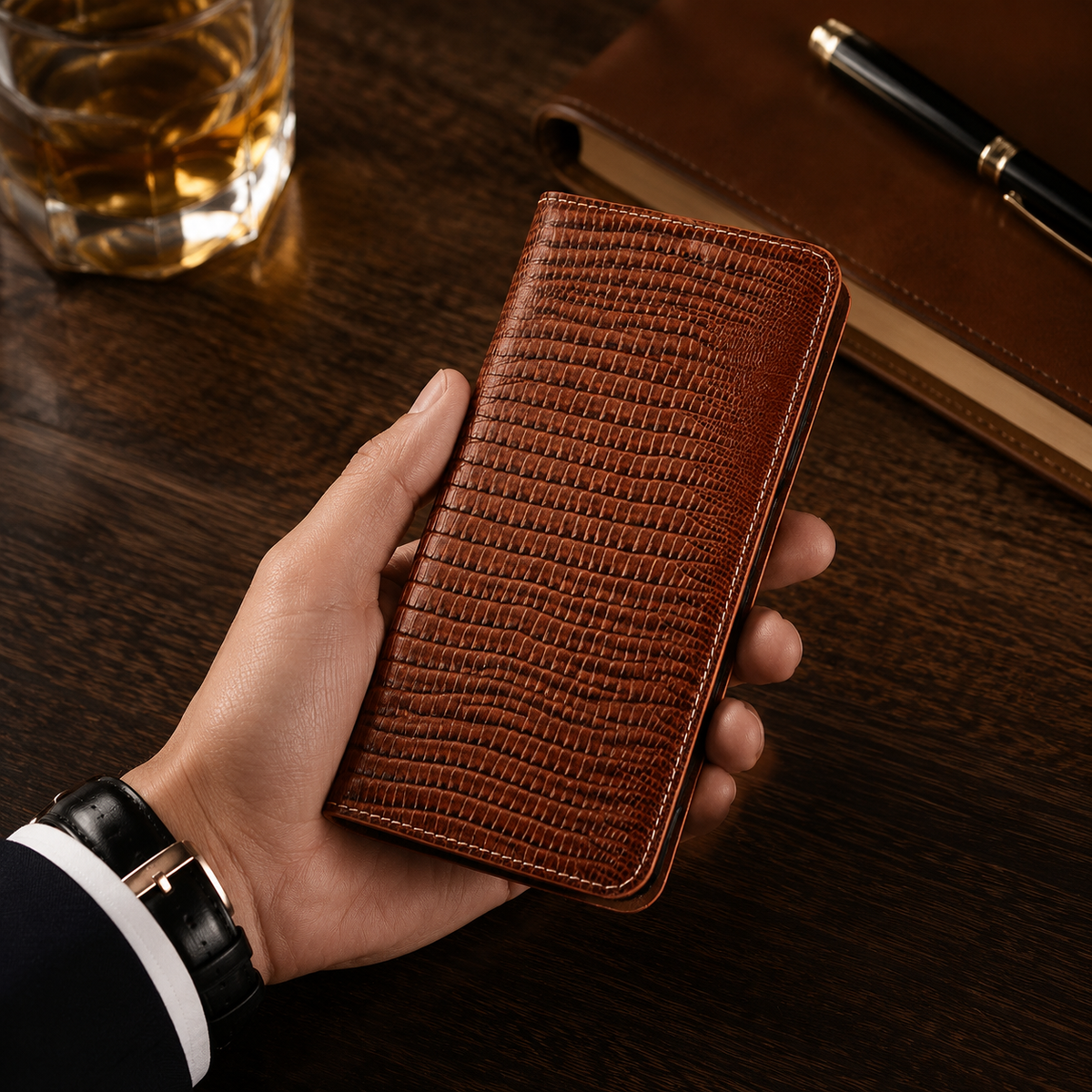 Premium iPhone Case Genuine Cowhide Leather Crocodile Grain Wallet Flip Cover Card Holder Magnetic Closure Shockproof Full Body Stand Slim Design