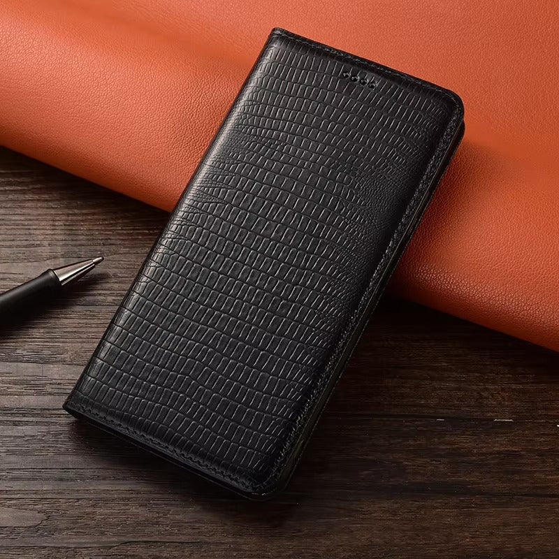 Premium iPhone Case Genuine Cowhide Leather Crocodile Grain Wallet Flip Cover Card Holder Magnetic Closure Shockproof Full Body Stand Slim Design