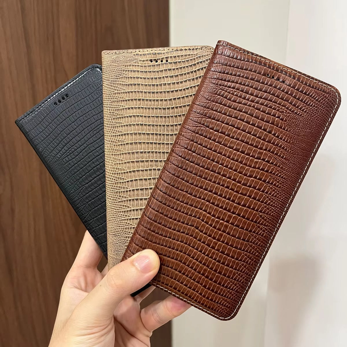 Premium iPhone Case Genuine Cowhide Leather Crocodile Grain Wallet Flip Cover Card Holder Magnetic Closure Shockproof Full Body Stand Slim Design