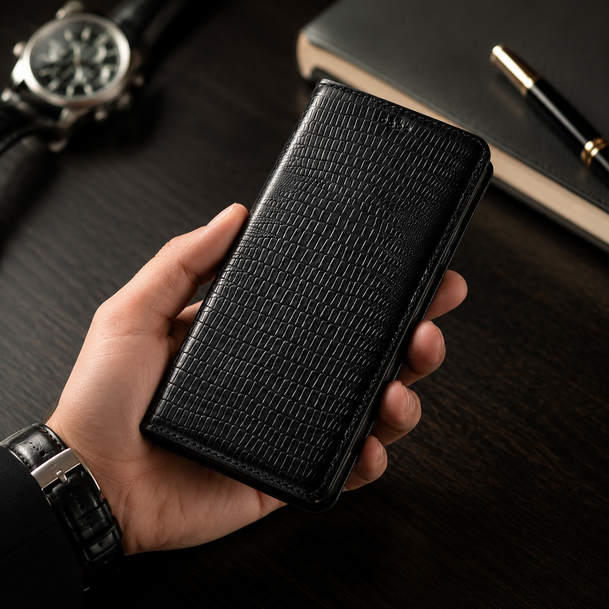 Premium iPhone Case Genuine Cowhide Leather Crocodile Grain Wallet Flip Cover Card Holder Magnetic Closure Shockproof Full Body Stand Slim Design