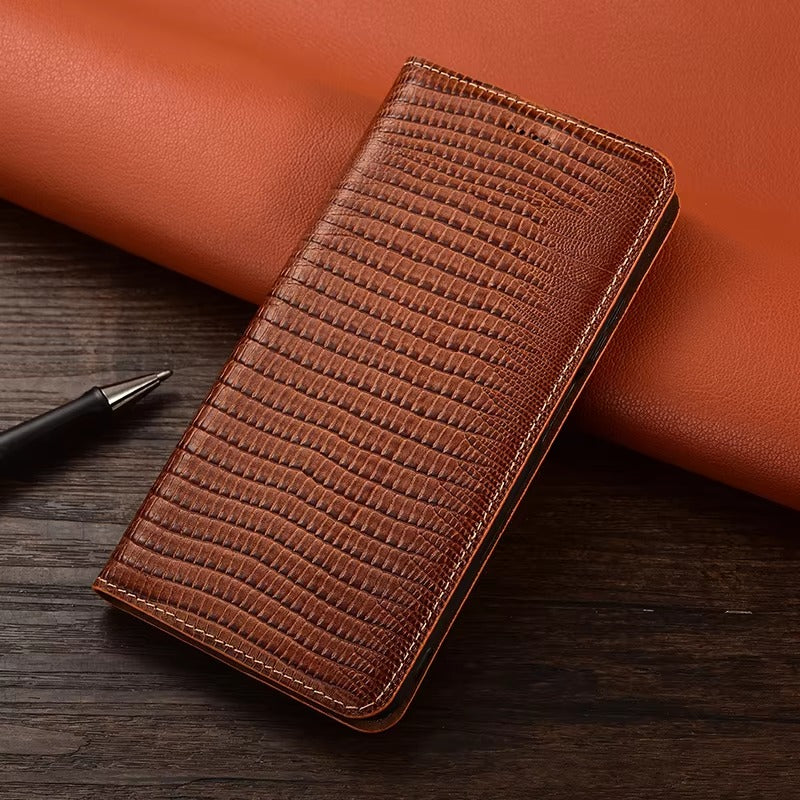 Premium iPhone Case Genuine Cowhide Leather Crocodile Grain Wallet Flip Cover Card Holder Magnetic Closure Shockproof Full Body Stand Slim Design