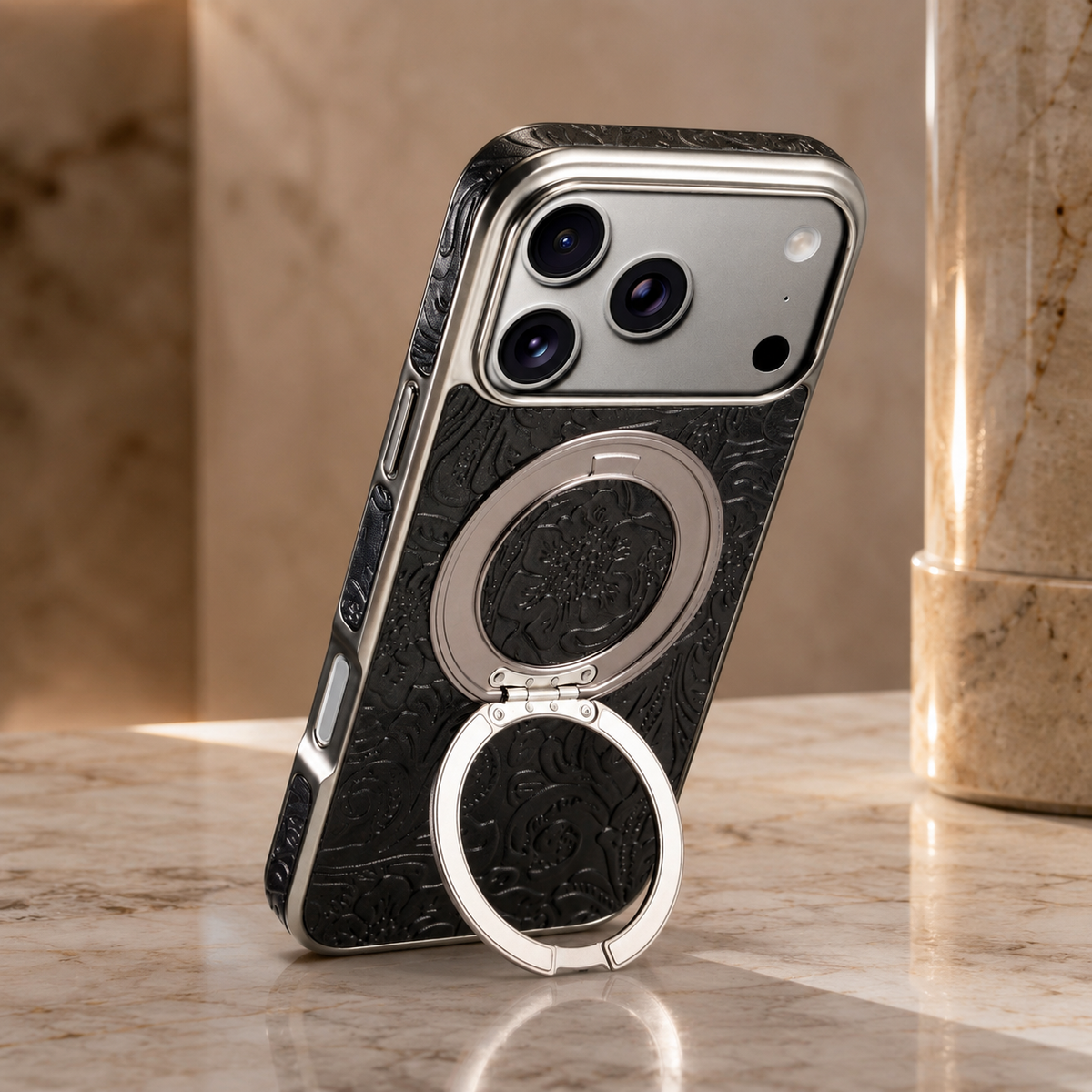 Premium iPhone Case Genuine Leather 360 Rotating Stand Holder Retro Printed Protective Cover Shockproof Non Slip Slim Full Coverage Business Case