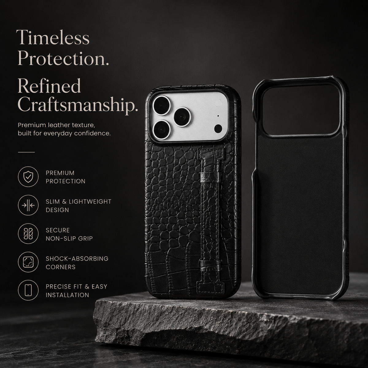 Premium iPhone Case Genuine Leather Crocodile Pattern Shockproof Protective Cover Wrist Strap Kickstand Anti Scratch Non Slip Slim Lightweight Case