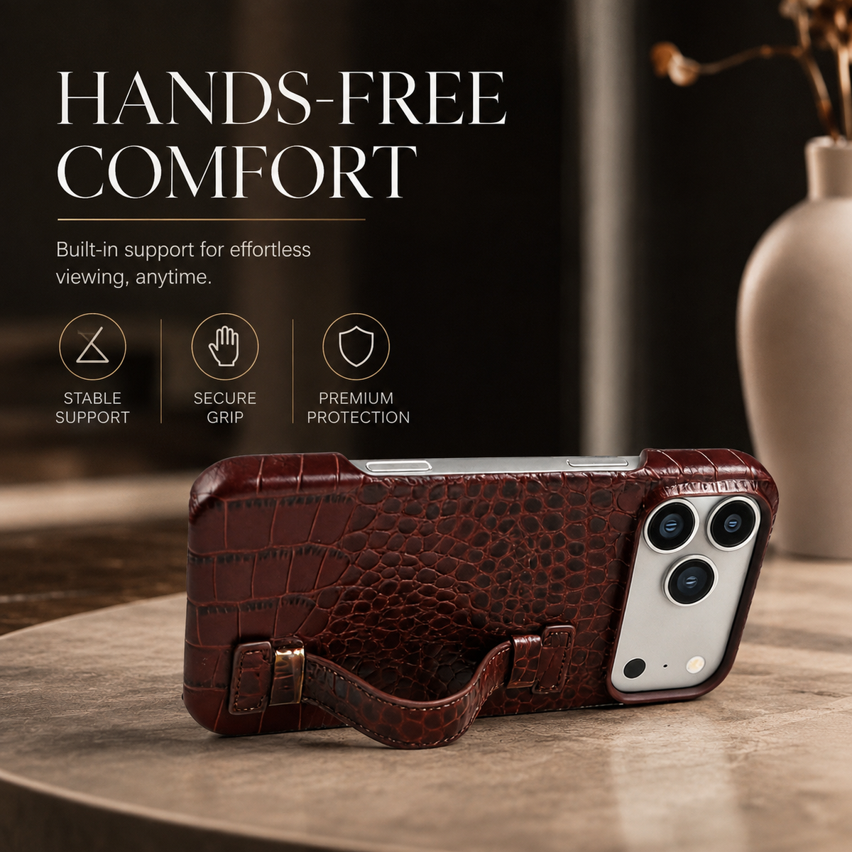 Premium iPhone Case Genuine Leather Crocodile Pattern Shockproof Protective Cover Wrist Strap Kickstand Anti Scratch Non Slip Slim Lightweight Case