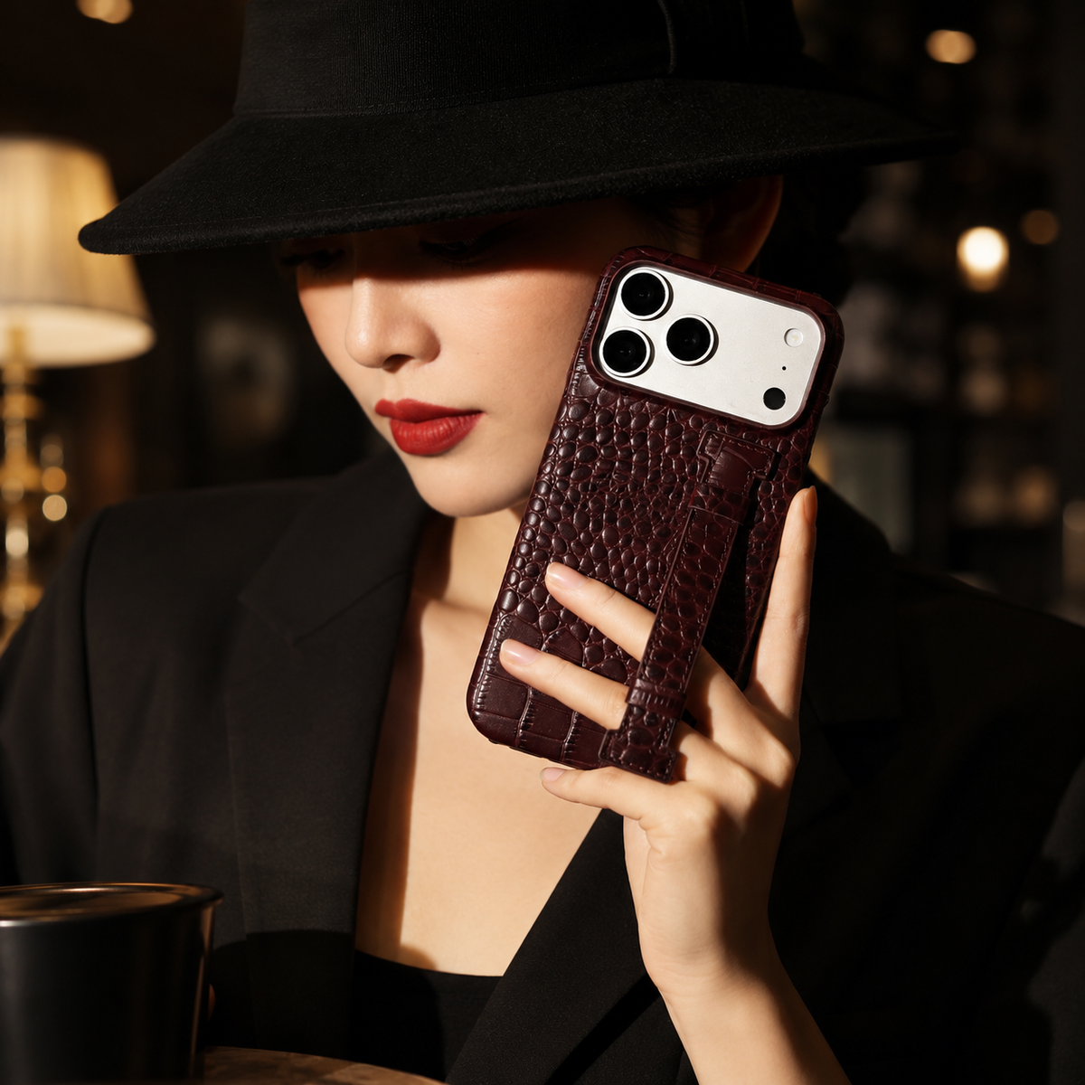 Premium iPhone Case Genuine Leather Crocodile Pattern Shockproof Protective Cover Wrist Strap Kickstand Anti Scratch Non Slip Slim Lightweight Case