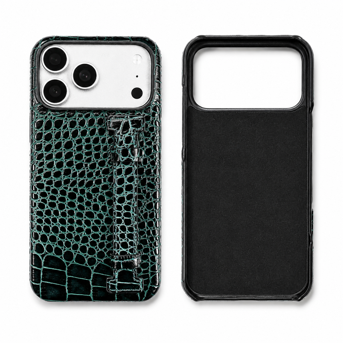 Premium iPhone Case Genuine Leather Crocodile Pattern Shockproof Protective Cover Wrist Strap Kickstand Anti Scratch Non Slip Slim Lightweight Case