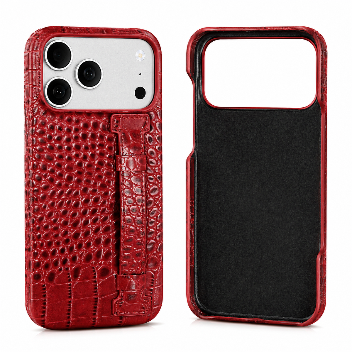 Premium iPhone Case Genuine Leather Crocodile Pattern Shockproof Protective Cover Wrist Strap Kickstand Anti Scratch Non Slip Slim Lightweight Case